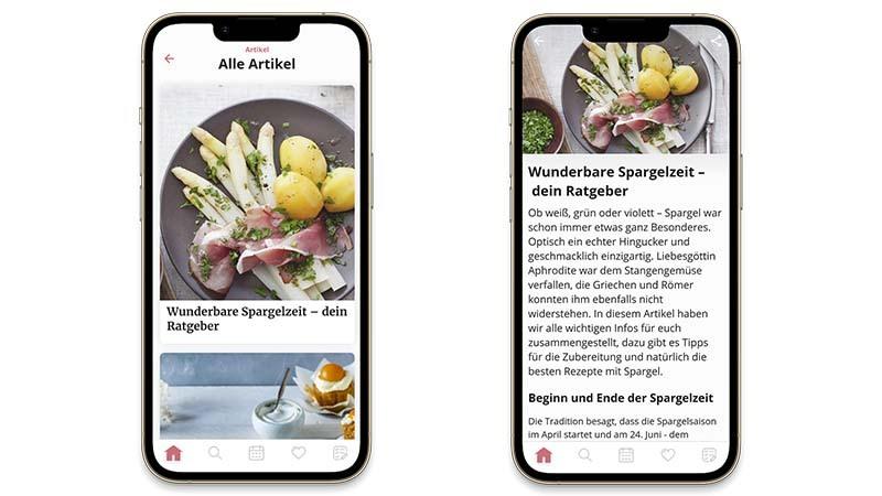 Zwei Screens, die die Artikel der Zaubertopf-App abbilden