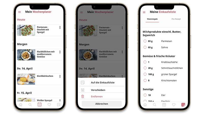 Drei Screens, die die Einkaufsliste der Zaubertopf-App abbilden