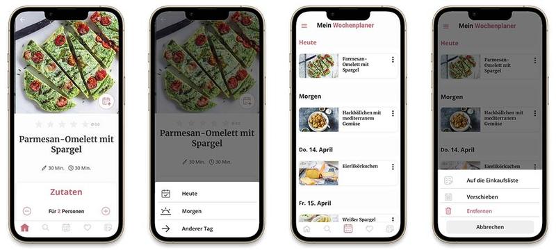 Vier Screens, die den Wochenplaner der Zaubertopf-App abbilden