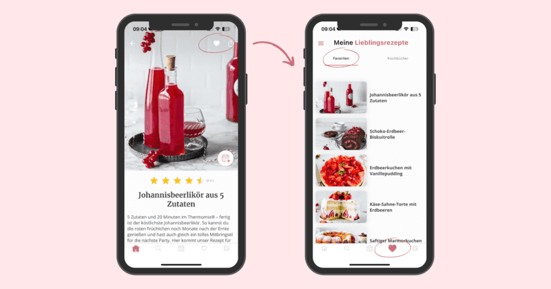 Zwei Grafiken von der ZauberTopf App, wie man Rezepte liked