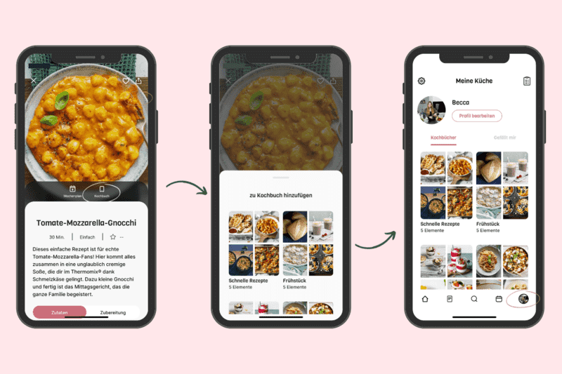 Abfolge von 3 Handybildern, wie in der ZauberTopf App ein Rezept zum Kochbuch hinzugefügt wird.