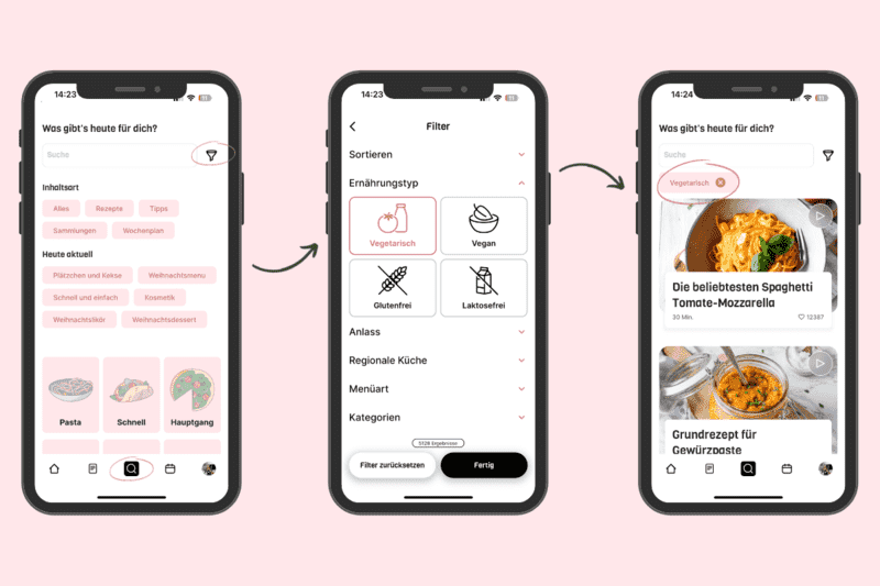 Handyansicht und eine Abfolge, wie in der ZauberTopf App die Suchfunktion verwendet wird.