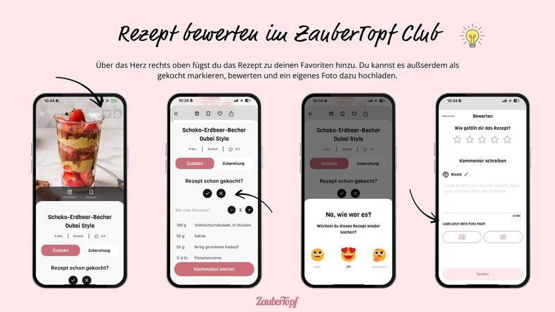 Screenshots von den Schritten zur Bewertung von Rezepten in der ZauberTopf App