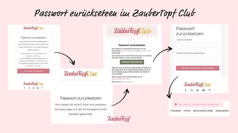 Screenshots vom Prozess des Passwort zurücksetzens im ZauberTopf Club