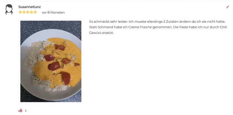 Bewertung eines Rezepts im ZauberTopf Club mit Foto, das Foto zeigt Reis, Hähnchen und eine rote Soße