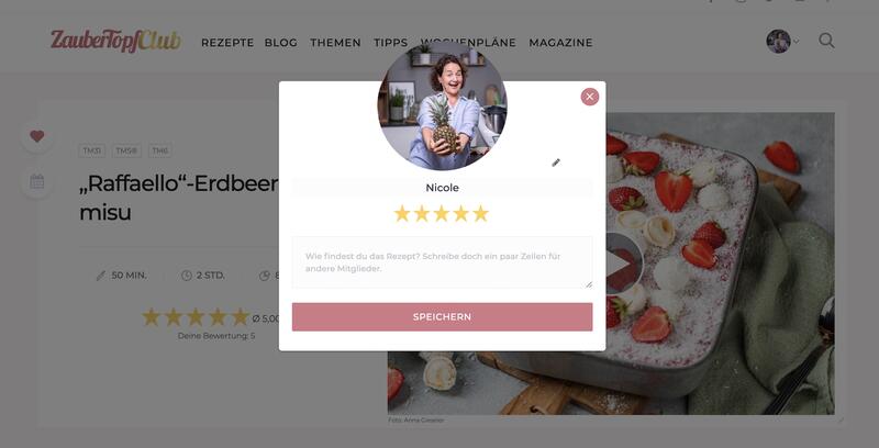 Ein Rezept im ZauberTopf Club im Vordergrund das Fenster für die Bewertung mit Sternen