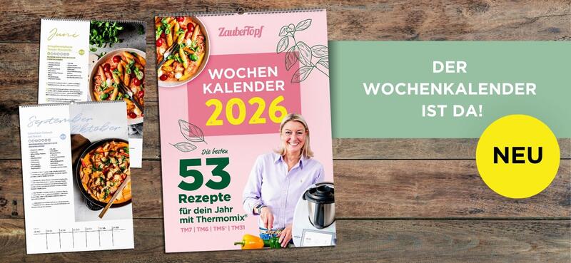 Dési vom ZauberTopf Club, daneben der Wochenkalender für 2026 und Beispielseiten