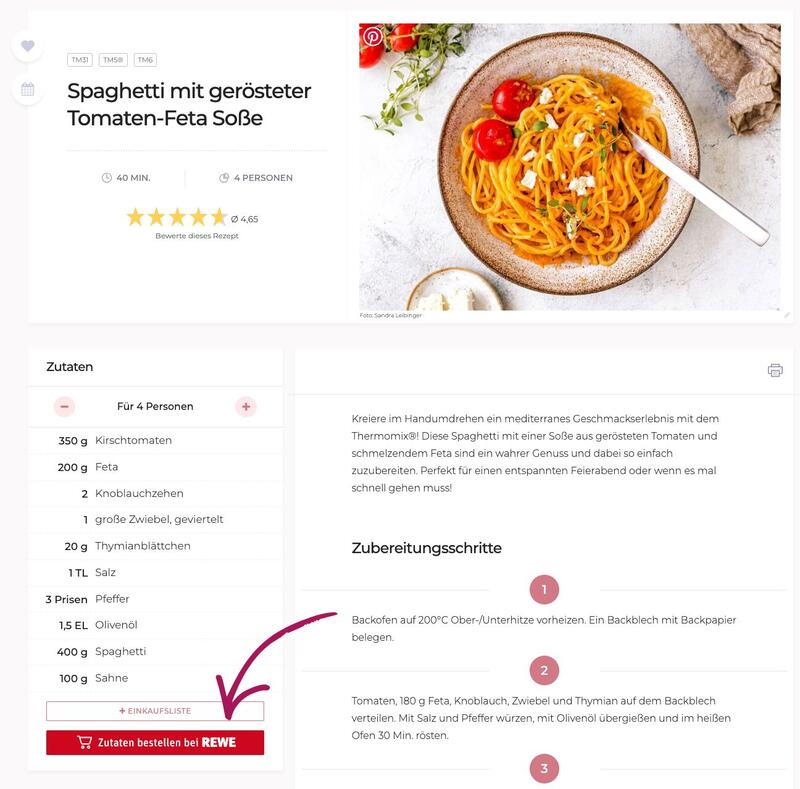 Rezept für Nudeln, REWE Bestellbutton integriert