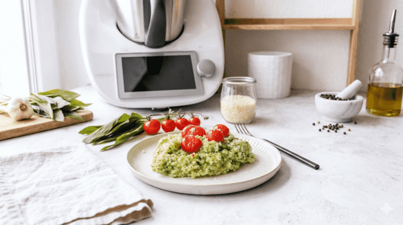 Ein Teller mit Risotto, daneben Tomaten im Hintergrund ein Thermomix®
