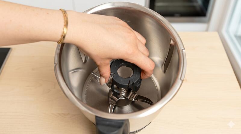 Eine Hand setzt den TeigBuddy in den Mixtopf des Thermomix® ein