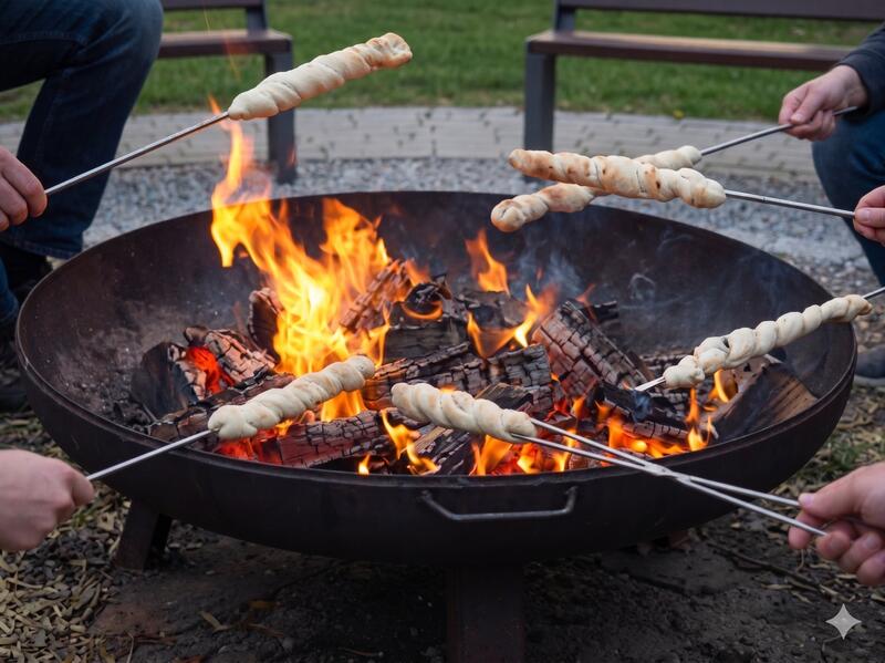 Stockbrot über einer Feuerschale