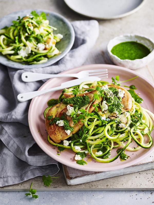 Hähnchenschnitzel mit Zucchini-Nudeln auf einem Teller