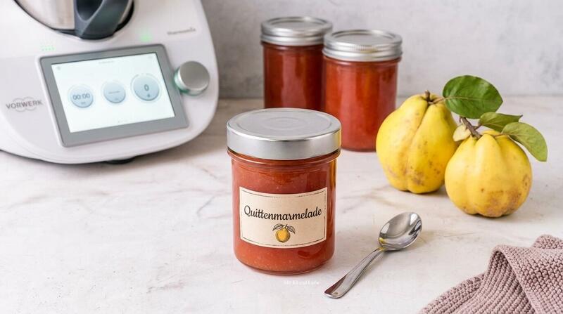 Drei Gläser mit Quittenmarmelade, daneben Quitten und ein Thermomix®