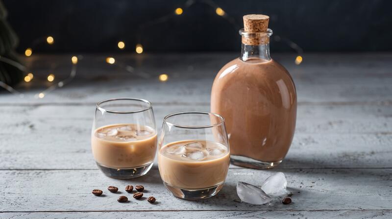 Zwei Gläser mit Baileys auf Eis, daneben eine Flasche, dunkler HIntergrund
