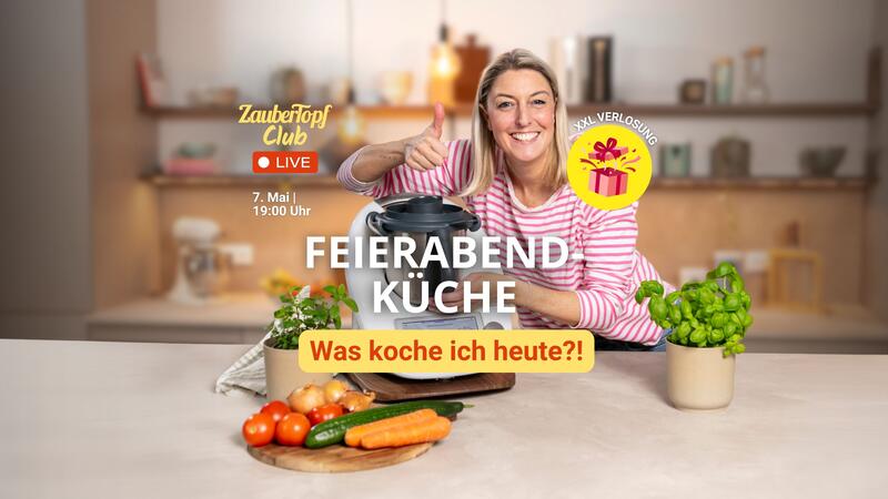 Blonde Frau in einer Küche mit Thermomix®. Schriftzug: Live Event Feierabendküche