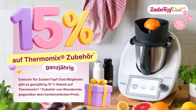 Info Text über 15 % Rabatt im Zauber Topf Shop, im Hintergrund ein Thermomix®