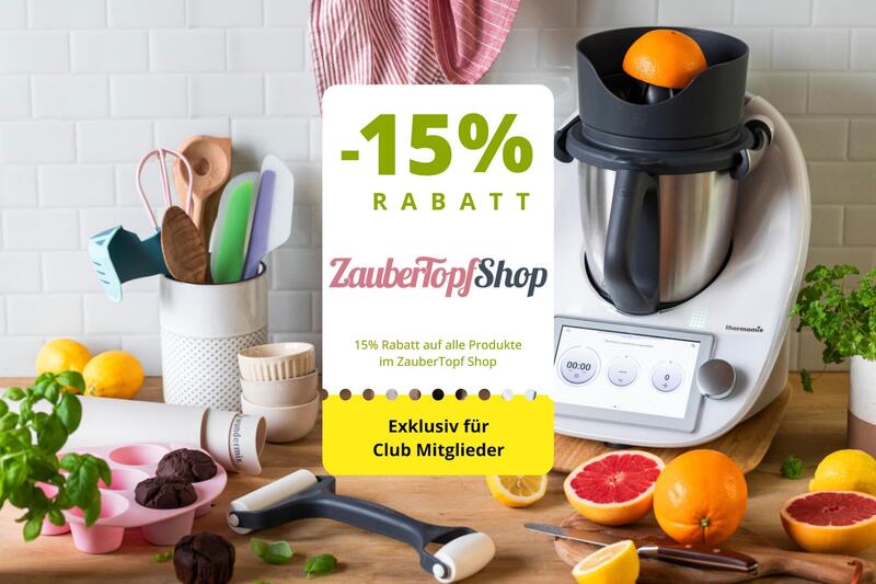 Info Text über 15 % Rabatt im Zauber Topf Shop, im Hintergrund ein Thermomix®