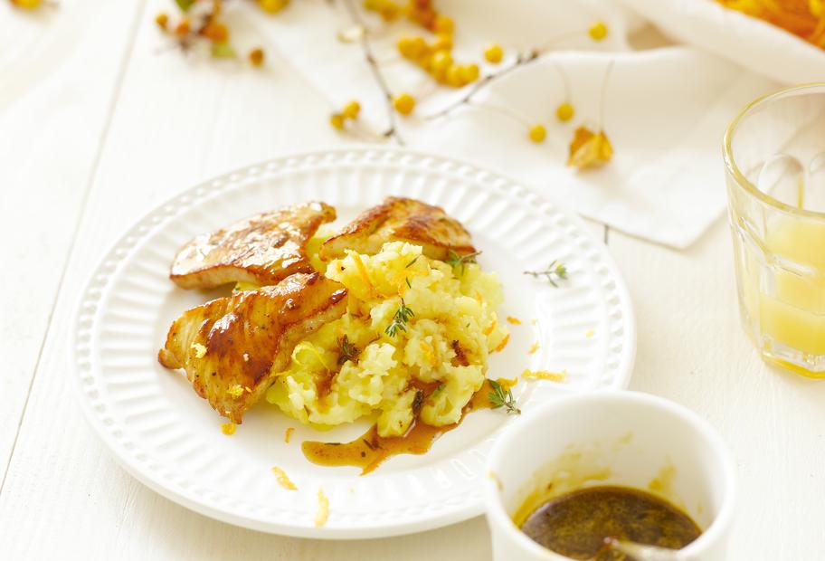 Orangen-Schnitzel mit Stampfkartoffeln