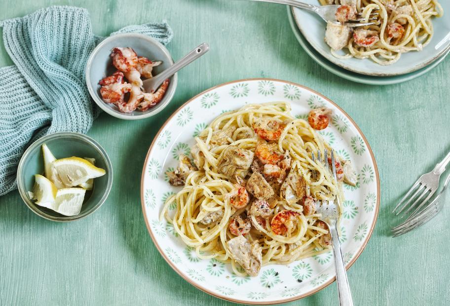 Spaghettini in Flusskrebssoße mit Artischocken