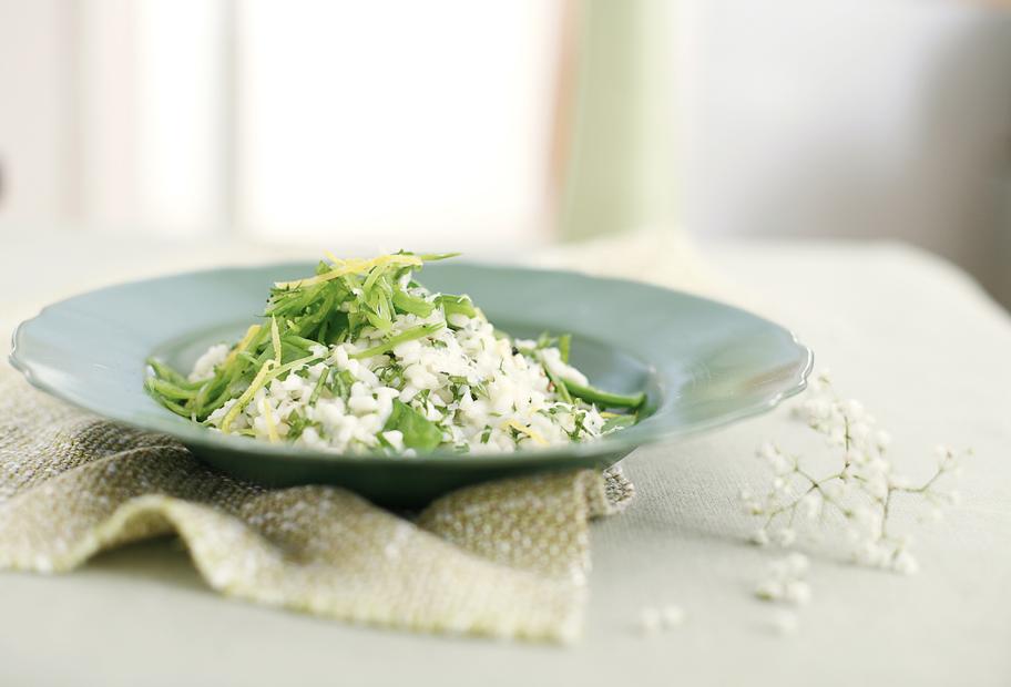 Zuckerschoten-Kräuter-Risotto