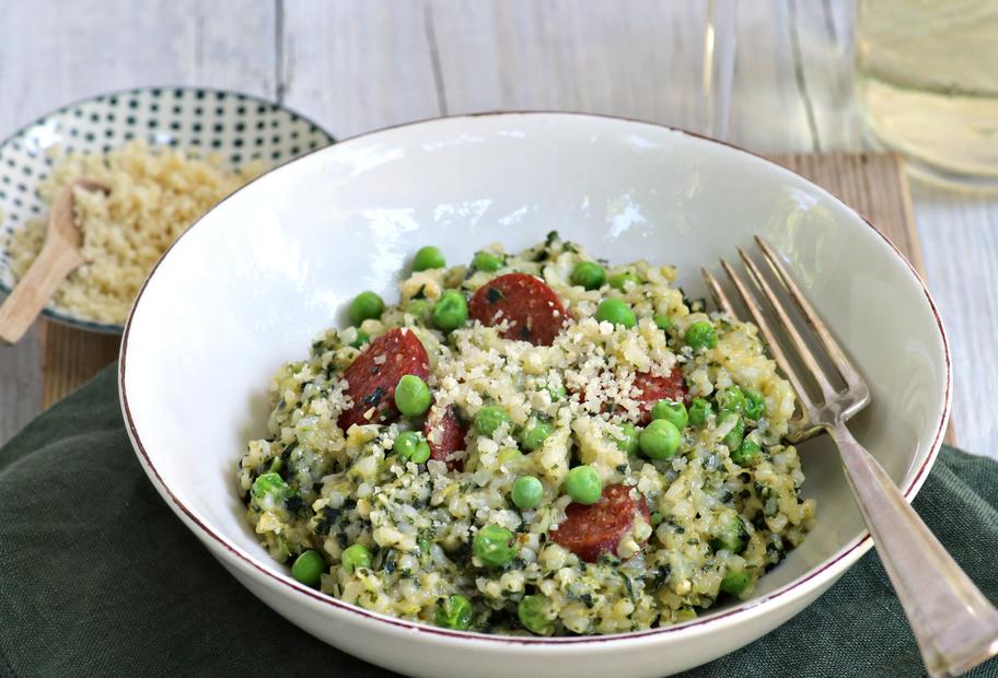 Grünkohlrisotto mit Erbsen und Chorizo