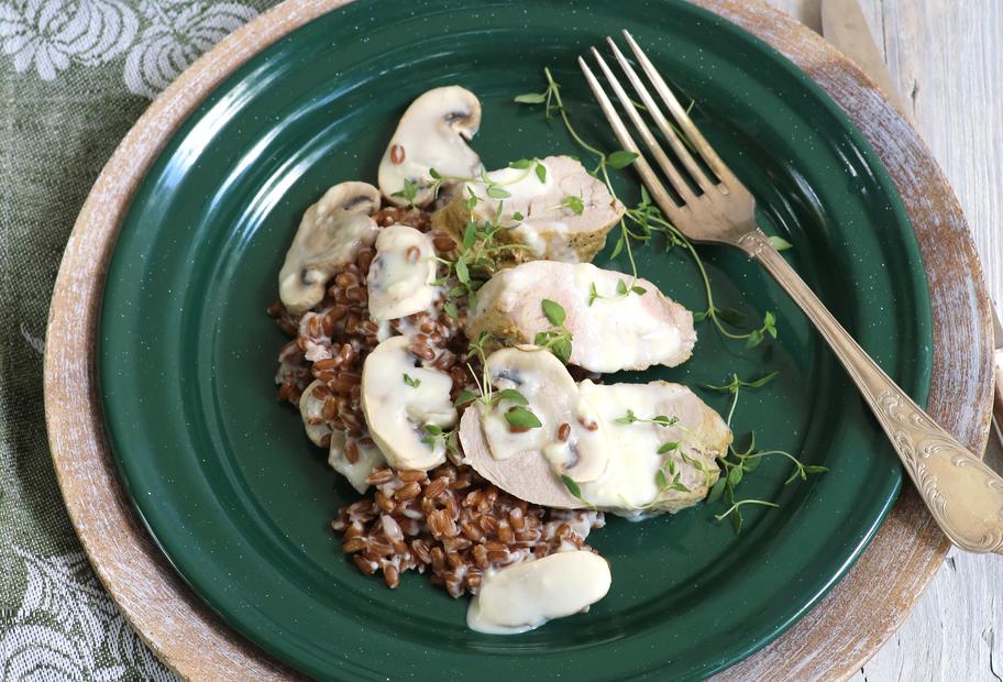 Schweinefilet mit Pilzen und Dinkelreis in heller Soße für den Thermomix®