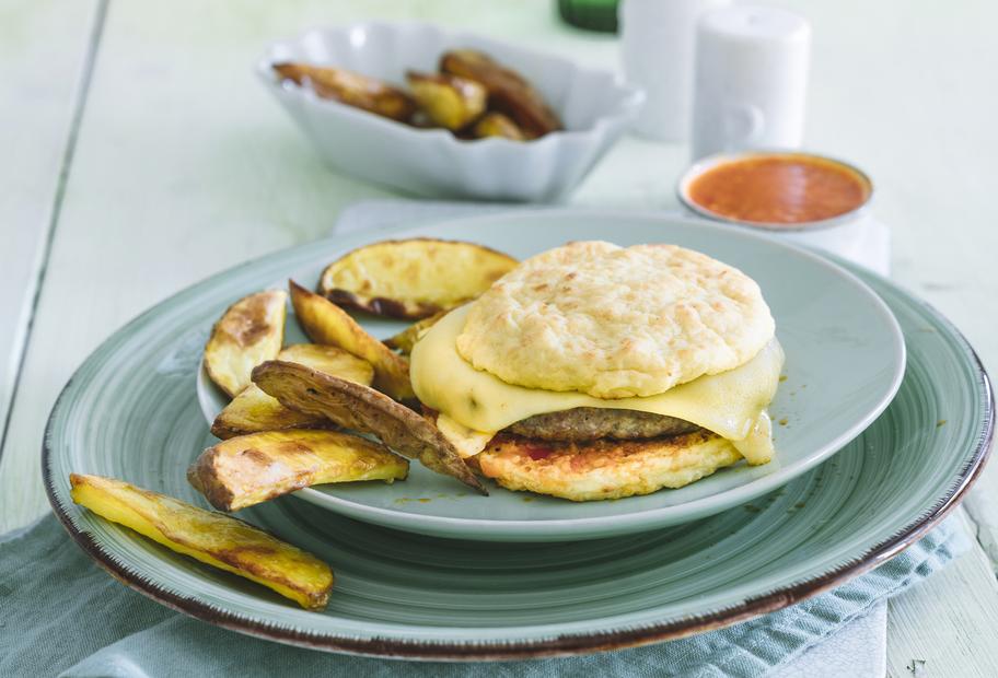 Burger mit Kartoffel-Wedges und Salsa
