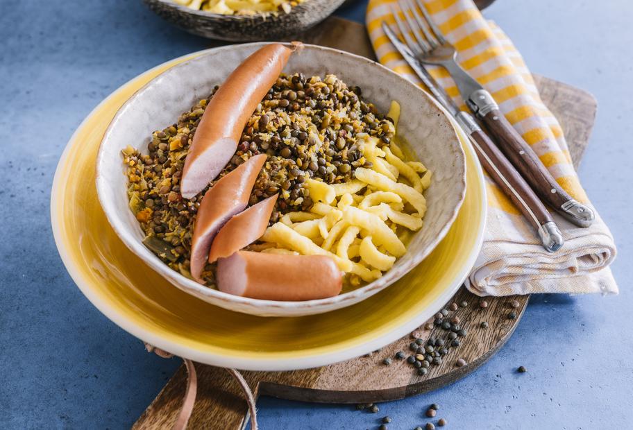 Linsen-Spätzle-Eintopf mit Wurst für den Thermomix®