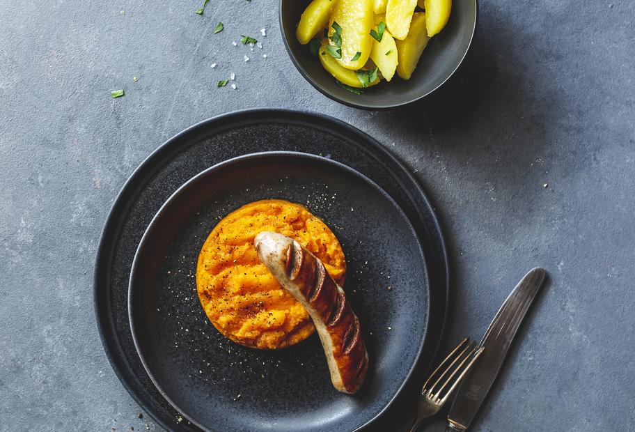 Steckrübenmus mit Kartoffeln und Bratwurst für den Thermomix®
