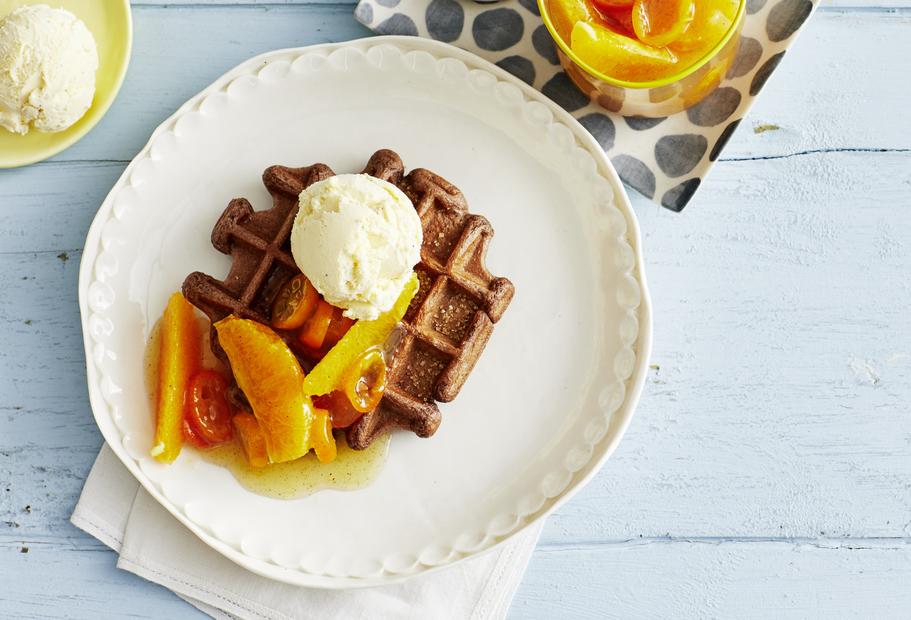 Kokos-Schoko-Waffeln mit Kumquat-Kompott