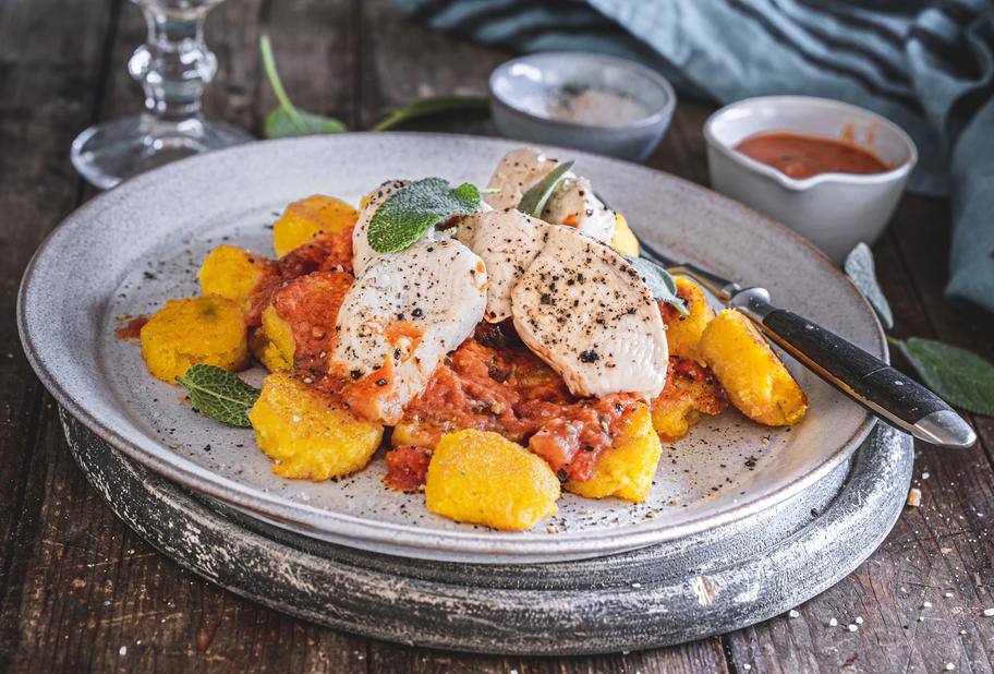 Polenta-Gnocchi mit Hähnchen und Soße