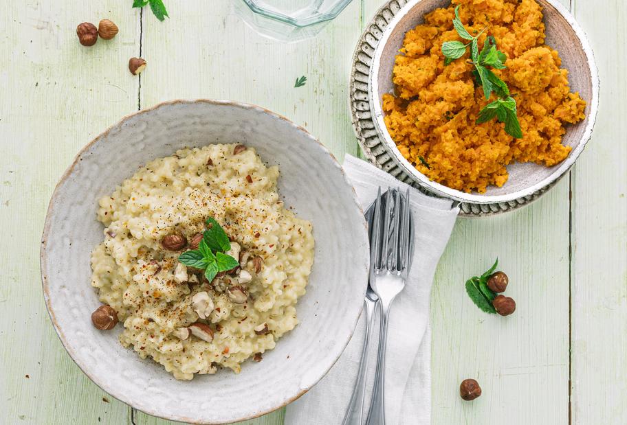 Käse-Graupen-Risotto mit Karotten-Minz-Salat