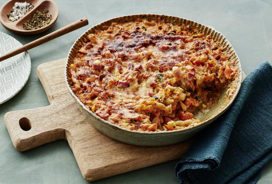 Würziger Nudel-Gemüse-Auflauf mit Kochschinken