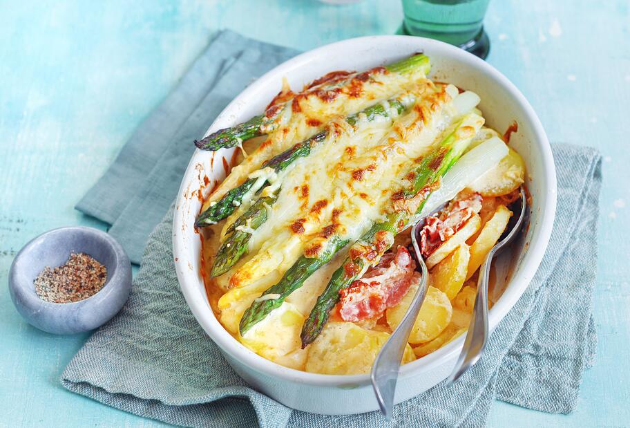 Spargel-Kartoffel-Gratin mit Schinken