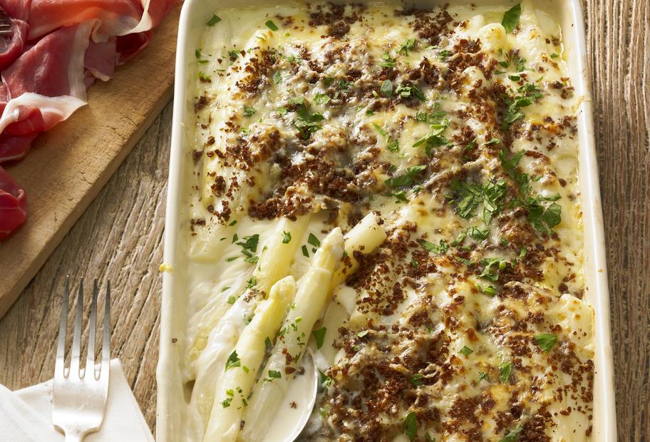 Spargelauflauf mit Westfälischem Schinken