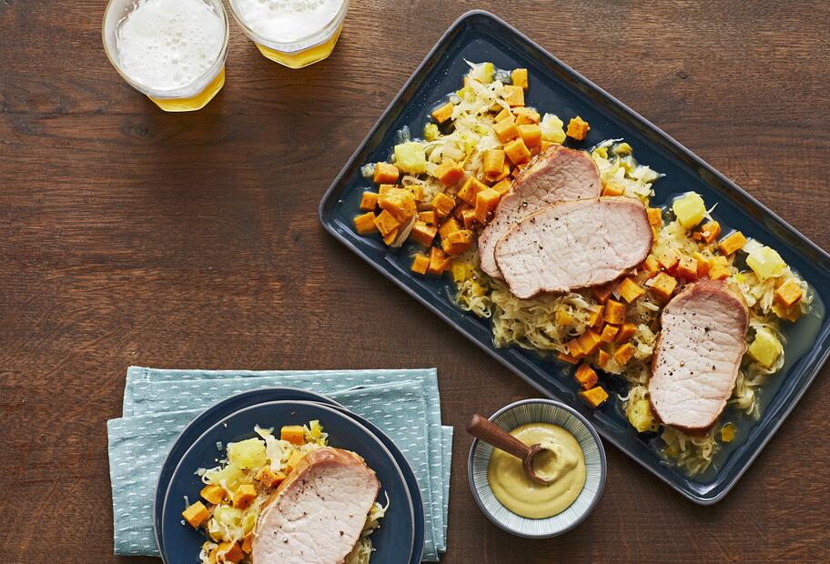 Paprika-Ananas-Sauerkraut mit Süßkartoffeln und Kassler für den Thermomix®