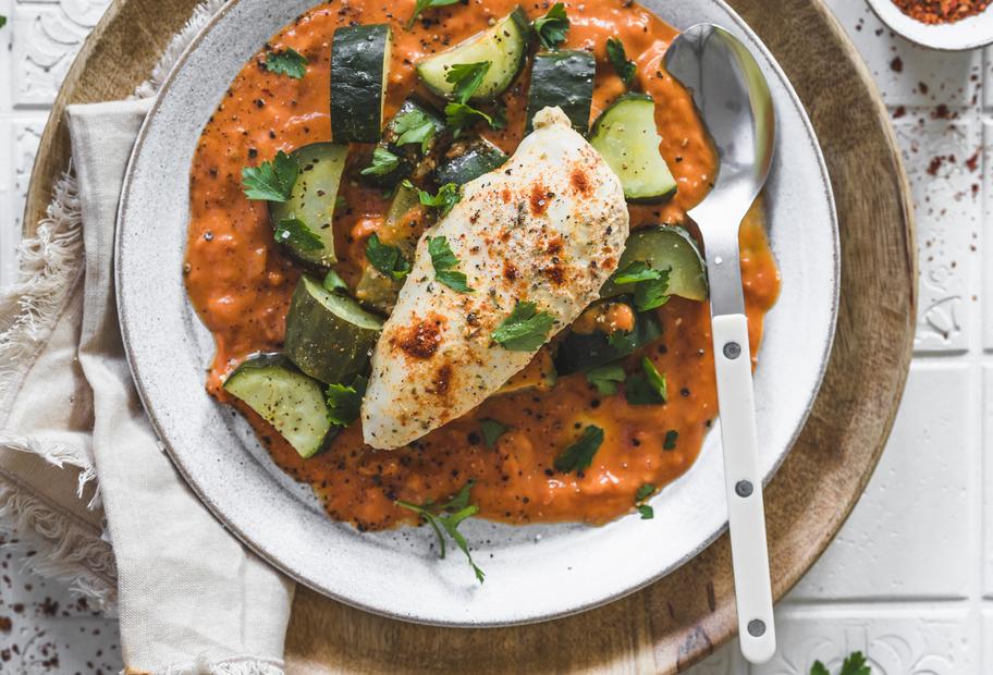 Schmorgurke mit mariniertem Hähnchen und Tomatensoße