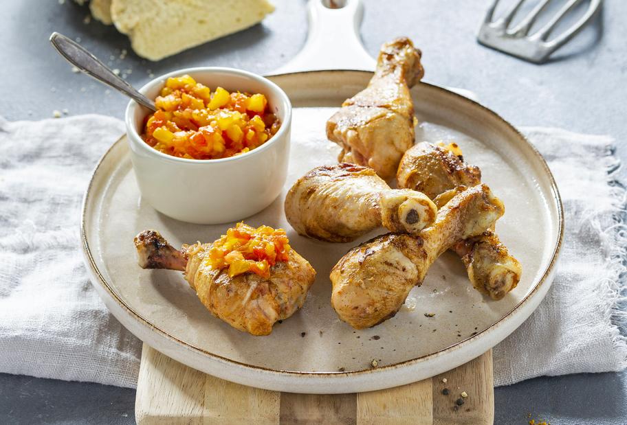 Gegrillte Hähnchenkeulen mit Paprikachutney und Ciabatta
