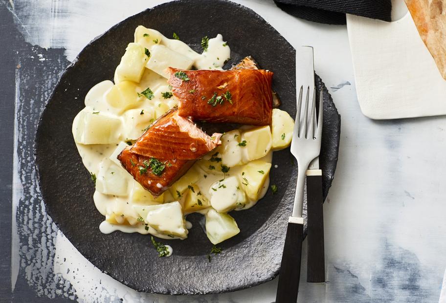 Kartoffel-Kohlrabi-Gemüse à la Crème mit Stremellachs