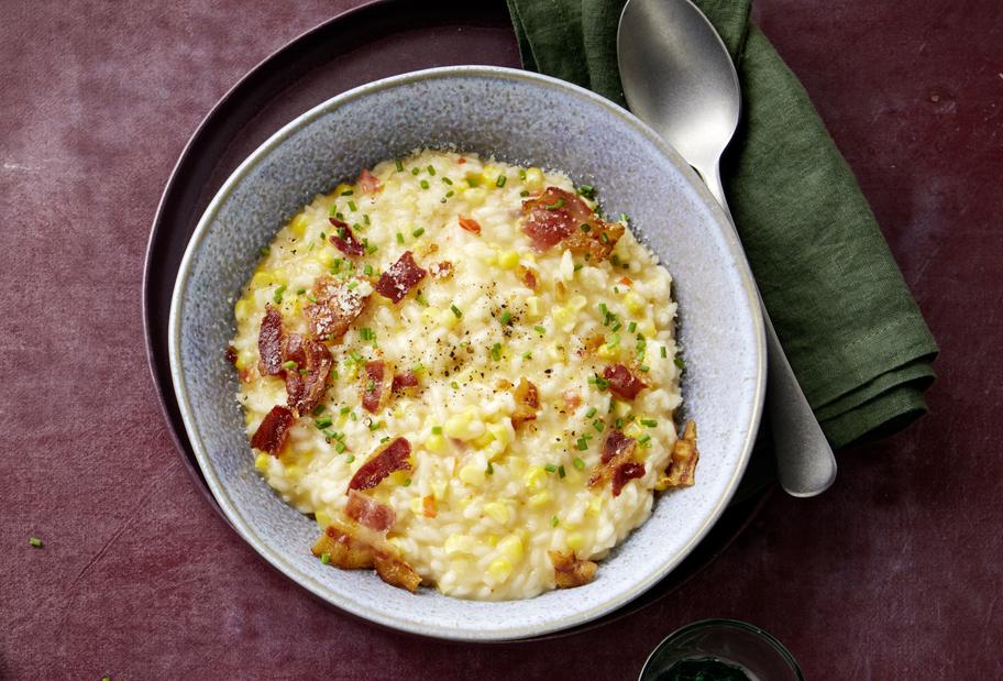 Würziges Mais-Risotto mit krossem Bacon
