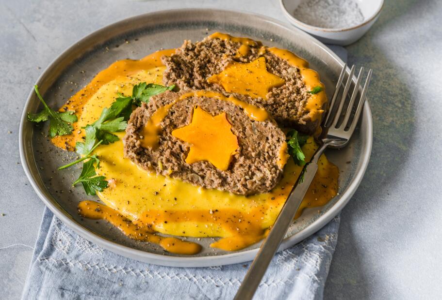 Hackbraten mit Kürbis-Kartoffel-Stampf
