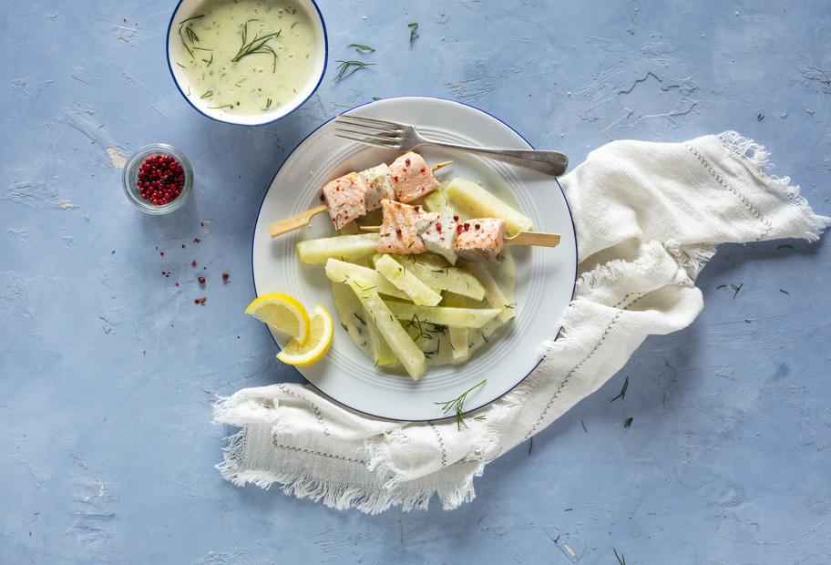 Surf-and-Turf-Spieße mit Rahmkohlrabi