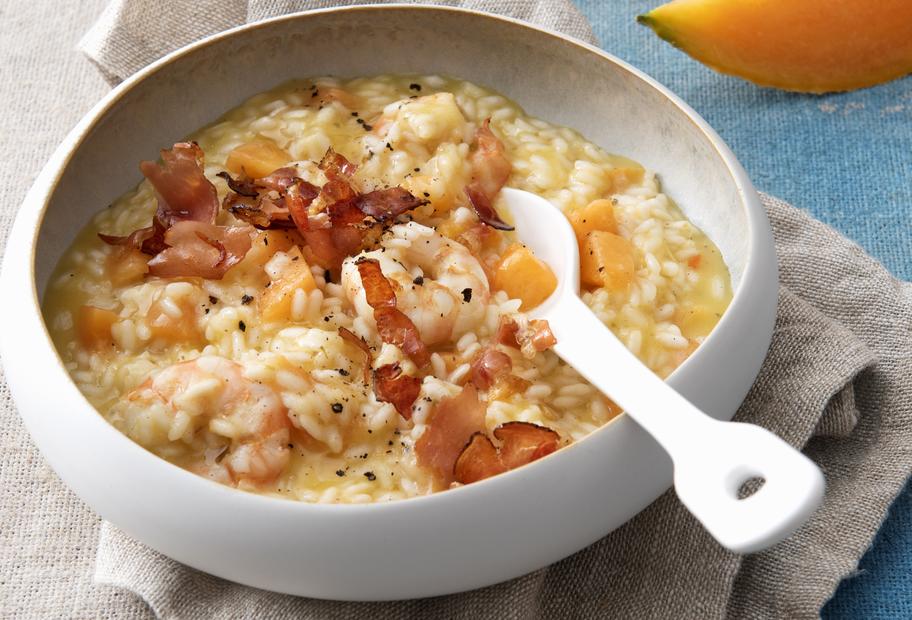 Melonenrisotto mit Garnelen und Speck