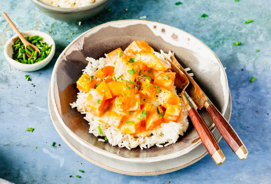 Winterliches Kürbis-Rahmgemüse mit Reis