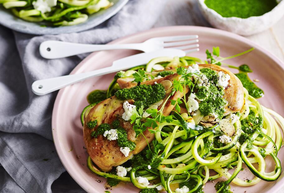 Hähnchenschnitzel mit Zucchini-Nudeln und Salsa Verde