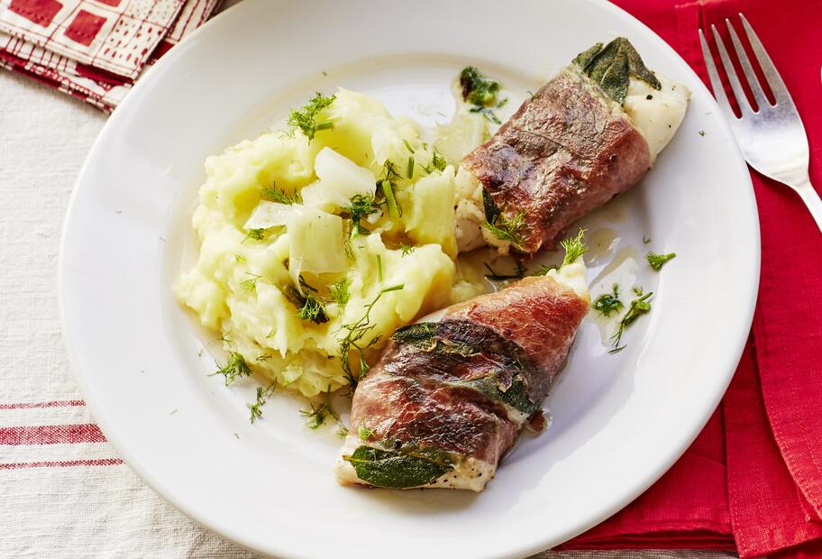 Saltimbocca vom Kabeljau mit Fenchel-Kartoffel-Püree