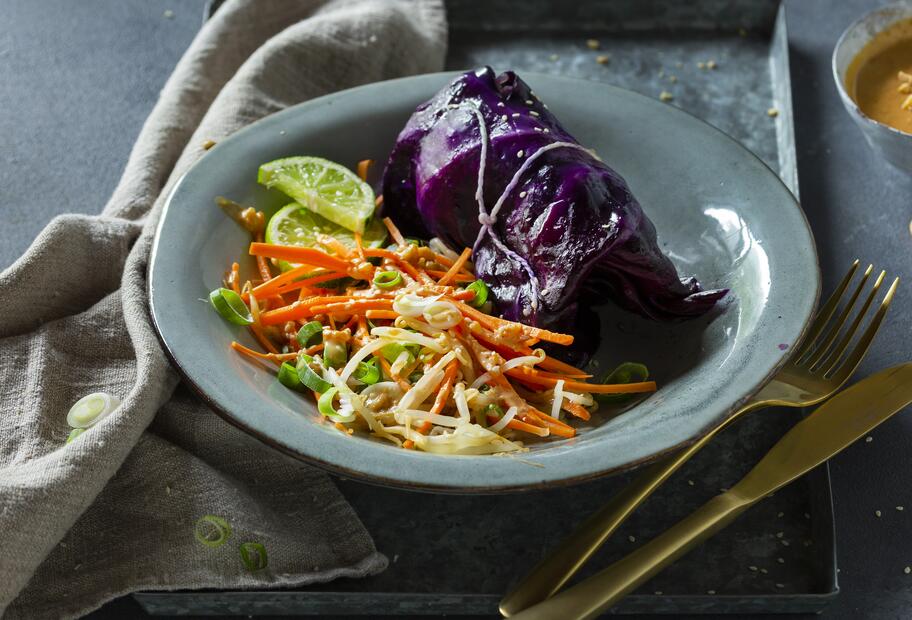 Rotkohl-Reis-Roulade mit Erdnusssoße