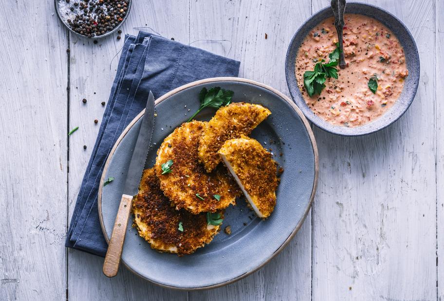 Vegetarische Sellerieschnitzel mit pikantem Paprika-Dip