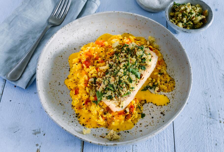 All-in-one-Paprikarisotto mit Knusper-Kabeljau