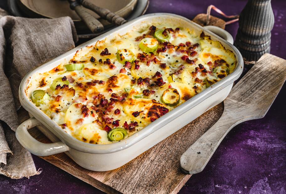 Kartoffel-Lauch-Gratin à la Flammkuchen